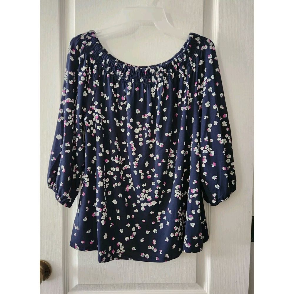 J. Jill Wearever Collection Women's Blouse Navy Floralโ 3/4 Sleeve Top Size M